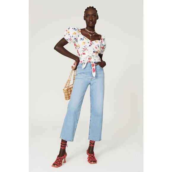 Marissa Webb Collective Tops - MARISSA WEBB x RTR White Floral Printed Short Sleeve Puff Sleeve Wrap Top Size M